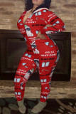 Red Casual Print Patchwork Zipper Hooded Collar Regular Jumpsuits