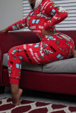 Red Casual Print Patchwork Zipper Hooded Collar Regular Jumpsuits