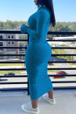 Blue Casual Solid Patchwork Hooded Collar One Step Skirt Dresses
