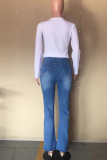 Baby Blue Casual Print Patchwork Boot Cut Mid Waist Speaker Solid Color Bottoms