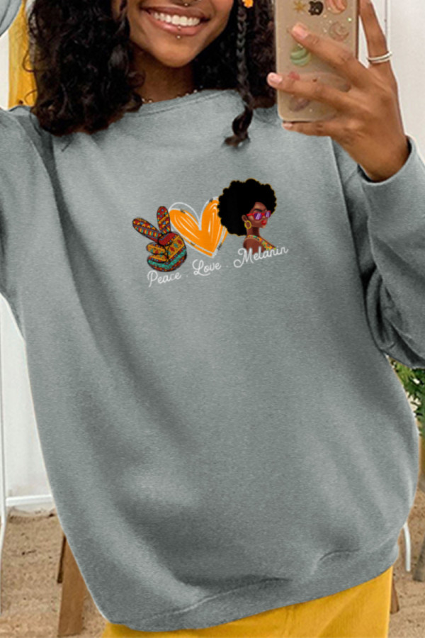 Grey Casual Daily Print Patchwork O Neck Tops