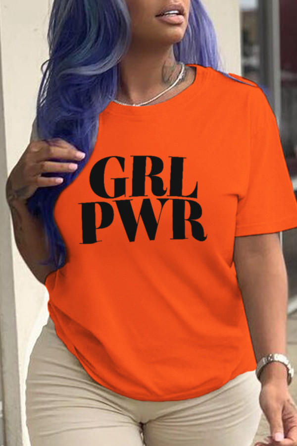 Orange Casual Street Print Patchwork Letter O Neck T-Shirts