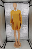 Yellow Casual Solid Patchwork Turndown Collar Cake Skirt Dresses