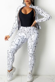 White Casual Print Patchwork Zipper Long Sleeve Two Pieces