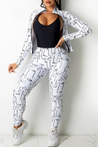 White Casual Print Split Joint Zipper Long Sleeve Two Pieces