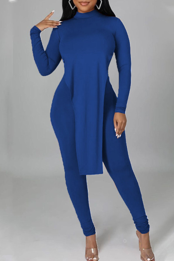 Blue Casual Solid Patchwork Slit O Neck Long Sleeve Two Pieces