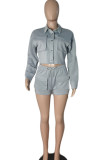 Grey Casual Solid Split Joint Pocket Buckle Turndown Collar Long Sleeve Two Pieces