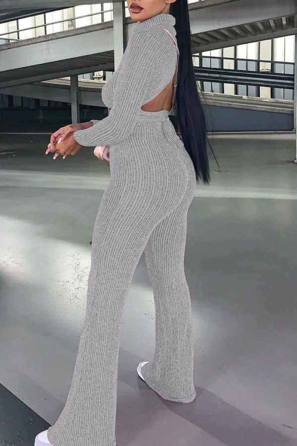 Light Gray Casual Solid Bandage Patchwork Backless Turtleneck Long Sleeve Two Pieces