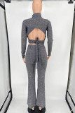 Light Gray Casual Solid Bandage Patchwork Backless Turtleneck Long Sleeve Two Pieces