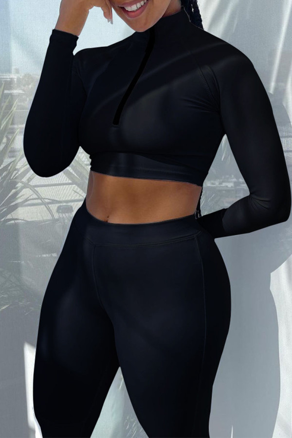 Black Sportswear Solid Patchwork Zipper Collar Long Sleeve Two Pieces