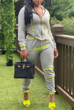 Grey Casual Print Patchwork Asymmetrical Zipper Hooded Collar Long Sleeve Two Pieces