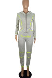 Grey Casual Print Patchwork Asymmetrical Zipper Hooded Collar Long Sleeve Two Pieces