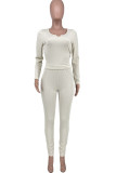 White Casual Solid Patchwork V Neck Long Sleeve Two Pieces