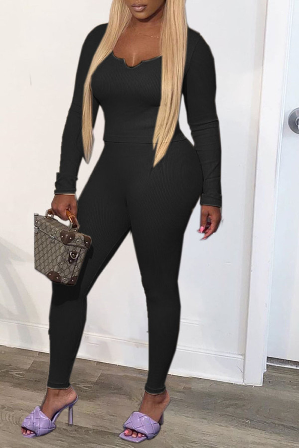Black Casual Solid Patchwork V Neck Long Sleeve Two Pieces