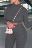 Light Gray Casual Solid Bandage Patchwork Backless Turtleneck Long Sleeve Two Pieces