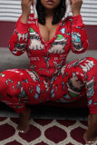 Red Casual Print Patchwork Zipper Hooded Collar Regular Jumpsuits