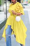 Yellow Casual Solid Fold O Neck Tops
