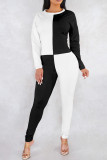 Black White Fashion Casual Patchwork Basic O Neck Long Sleeve Two Pieces