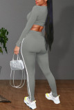 Grey Casual Solid Patchwork U Neck Long Sleeve Two Pieces