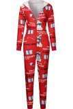 Red Casual Print Patchwork Zipper Hooded Collar Regular Jumpsuits