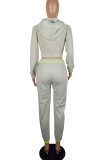Grey Casual Print Patchwork Asymmetrical Zipper Hooded Collar Long Sleeve Two Pieces
