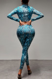 Blue Sexy Print Bandage Hollowed Out Patchwork O Neck Long Sleeve Two Pieces