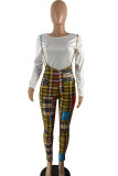 Deep Coffee Casual Plaid Print O Neck Long Sleeve Two Pieces