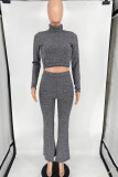 Light Gray Casual Solid Bandage Patchwork Backless Turtleneck Long Sleeve Two Pieces