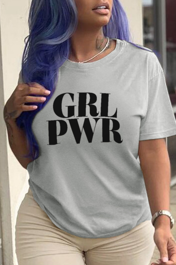 Grey Casual Street Print Patchwork Letter O Neck T-Shirts