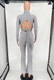 Light Gray Casual Solid Bandage Patchwork Backless Turtleneck Long Sleeve Two Pieces