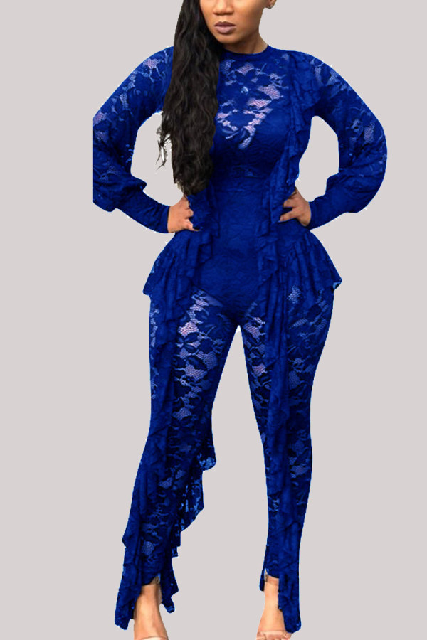 Blue Fashion Sexy Adult Lace Solid Patchwork See-through O Neck Skinny Jumpsuits