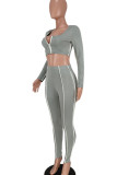 Grey Casual Solid Patchwork U Neck Long Sleeve Two Pieces