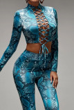 Blue Sexy Print Bandage Hollowed Out Patchwork O Neck Long Sleeve Two Pieces