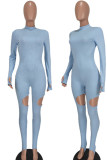 Light Blue Sexy Solid Hollowed Out Patchwork Half A Turtleneck Regular Jumpsuits