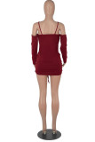 Pink Sexy Solid Patchwork Draw String Fold V Neck One Step Skirt Dresses
