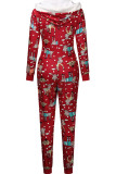 Red Casual Print Patchwork Zipper Hooded Collar Regular Jumpsuits