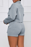 Grey Casual Solid Split Joint Pocket Buckle Turndown Collar Long Sleeve Two Pieces
