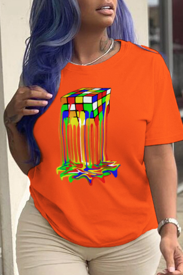 Orange Casual Street Print Patchwork O Neck T-Shirts
