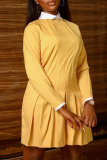 Yellow Casual Solid Patchwork Turndown Collar Cake Skirt Dresses