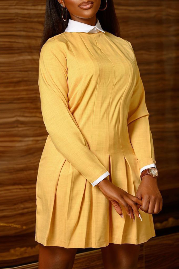 Yellow Casual Solid Patchwork Turndown Collar Cake Skirt Dresses
