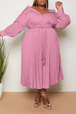 Pink Casual Sweet Solid Bandage Patchwork Fold Turndown Collar A Line Plus Size Dresses