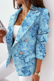 Blue Casual Print Split Joint Turn-back Collar Outerwear