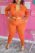 Tangerine Red Casual Solid Buckle Turndown Collar Plus Size Two Pieces