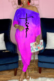 Blue Casual Print Patchwork Asymmetrical Off the Shoulder Three Quarter Two Pieces
