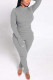 Grey Casual Solid Split Joint Slit O Neck Long Sleeve Two Pieces