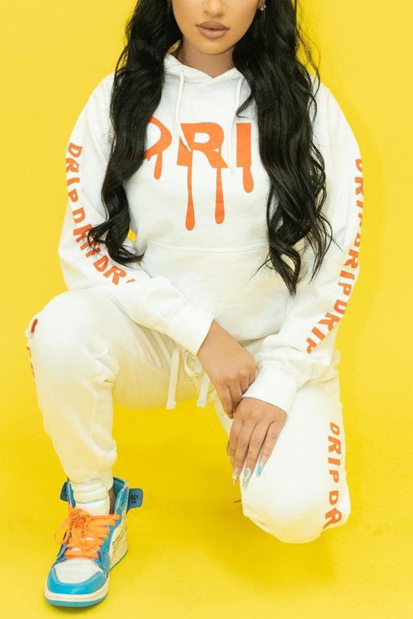 White Fashion Casual Letter Print Basic Hooded Collar Long Sleeve Two Pieces