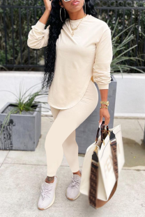 Cream White Casual Solid Split Joint O Neck Long Sleeve Two Pieces