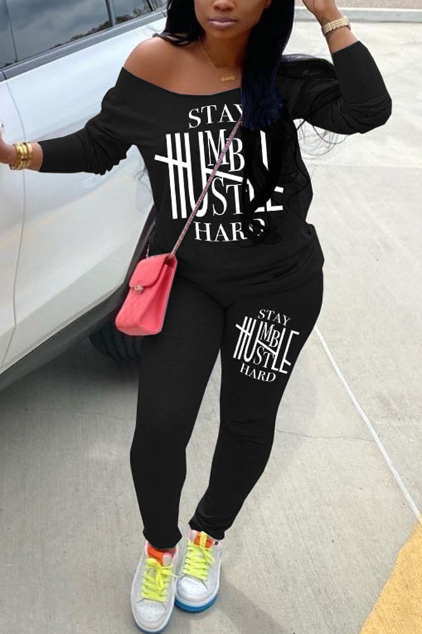 Black Casual Sweet Letter Print Pullovers Pants Boat Neck Long Sleeve Off The Shoulder Regular Two Pieces