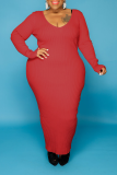Red Casual Solid Split Joint U Neck Straight Plus Size Dresses