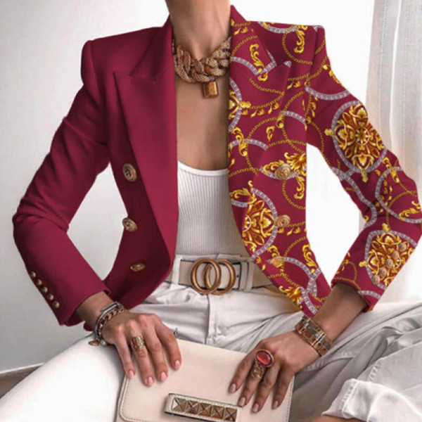 Deep Red Casual Print Patchwork Buttons Turn-back Collar Outerwear